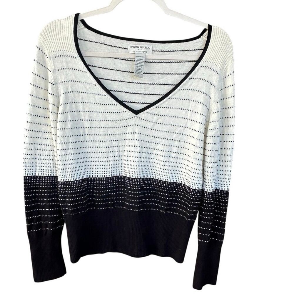 Banana Republic Fine Italian Merino Wool Sweater L Black Ivory V Neck Striped